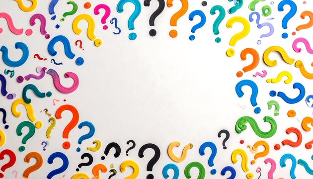 Colorful question marks form a border around a white background