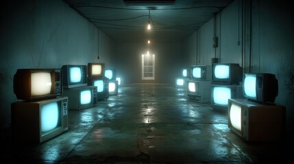 A stack of glowing, blank TV screens in the dark room. The glow from each screen illuminates its surroundings and casts subtle shadows on the wall behind it