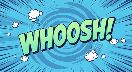Cartoon Whoosh Text on Swirling Blue Comic Book Style Background