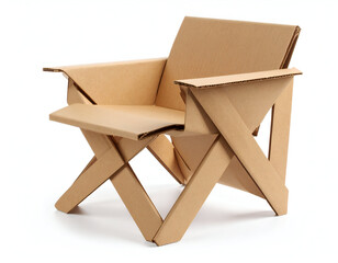 An innovative folding origami chair crafted from recycled cardboard, isolated on a white background for eco-friendly concepts.