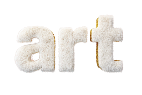 Furry Text Art of the Word Art in Soft White Plush Material on Transparent Background