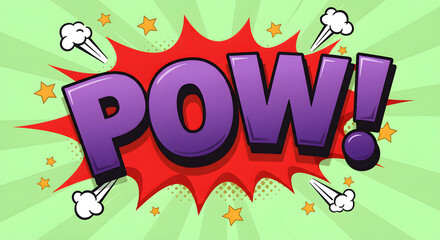 Dynamic Purple Pow Comic Text with Red Explosion on Green Background