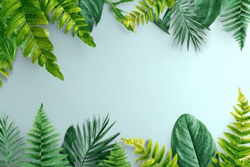 Tropical leaves frame a light blue background