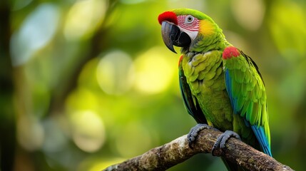 Green macaw perched rainforest branch, vibrant foliage background, wildlife photography