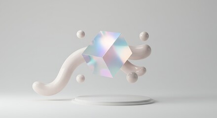 Floating Cube with Holographic Effect and Geometric Shapes on White Platform