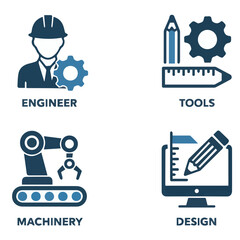 Illustration showing engineer, tools, machinery, and design icons in a square arrangement format