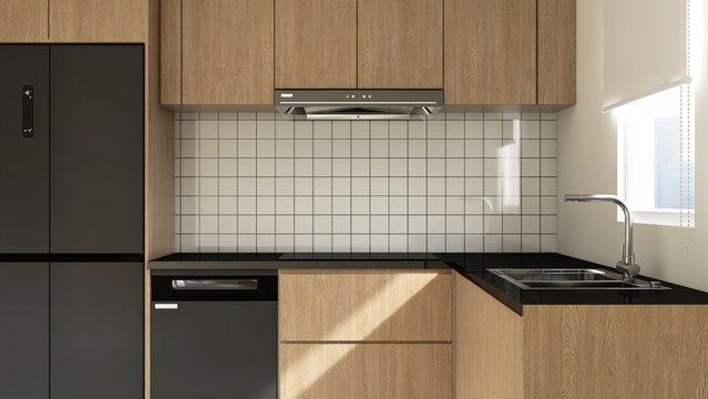Modern, minimal, luxury L shape brown wooden kitchen cabinet counter with black countertop, sink, induction stove, hood with cupboard in sunlight from window on square tile splash back background 3D