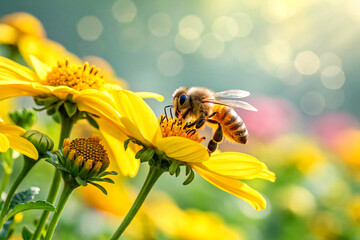 Honey Bee Gathering Pollen on a Vibrant Yellow Flower in Sunlit Garden. Generative AI