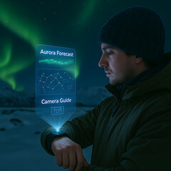 Man Checking Aurora Forecast and Camera Guide on Holographic Smartwatch in Winter Landscape