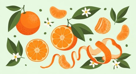 Obraz premium Vibrant tangerine composition featuring whole fruits, segments, leaves and blossoms in a citrusy