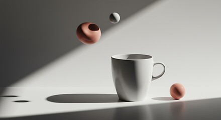 Floating Sphere Composition with Ceramic Mug and Clean Lighting