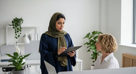 A Muslim businesswoman in a hijab attentively reviews documents with a colleague in a modern setting.