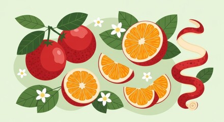 Stylized illustration of blood oranges with vibrant segments and decorative blossoms