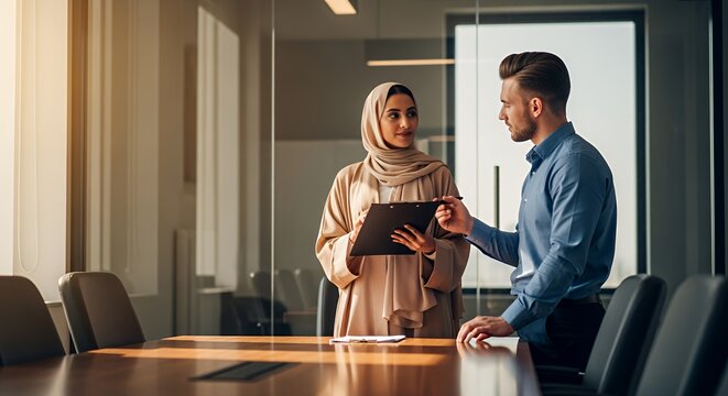 A businesswoman in a hijab and a male colleague review documents together at a modern conference table. - Powered by Adobe