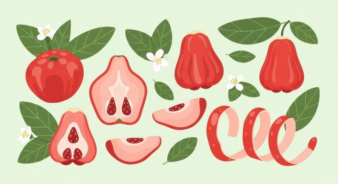 Whimsical illustration showcasing vibrant java apples with leafy accents and floral details