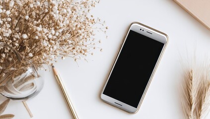 Smartphone on a white desk with dried flowers