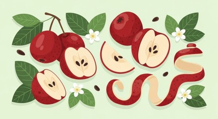 Vibrant red apple assortment with leaf and floral accents in a modern composition