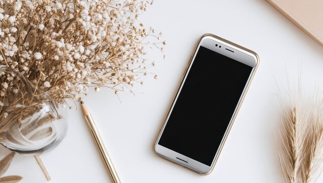 Smartphone on a white desk with dried flowers - Powered by Adobe