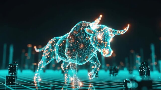 A dynamic glowing digital bull charging through a futuristic cityscape of glowing skyscrapers and data points symbolizing financial growth and market optimism - Powered by Adobe