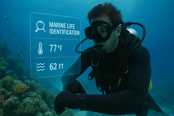 Scuba Diver Using Holographic Smartwatch for Marine Life Identification and Dive Data