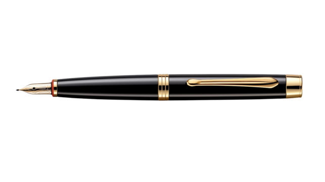 A black and gold fountain pen isolated on a transparent background