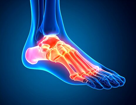 Detailed anatomical rendering of a human foot, highlighting the bones with an emphasis on inflamed midfoot