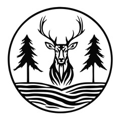 Deer in Forest Emblem – Black and White Vector Silhouette Featuring Pine Trees, Antlers, and Symbolic Landscape