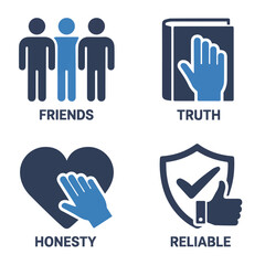 Illustration showing friends, truth, honesty, and reliability in a symbolic representation format
