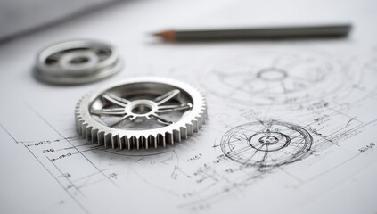 Engineering drawings with metallic gears and pencil