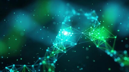 A vibrant and dynamic abstract representation of interconnected data points and lines forming a digital network set against a dark background with glowing green and blue elements symbolizing technolog - Powered by Adobe