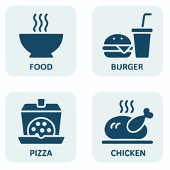 Illustration of food icons including soup, burger, pizza, and chicken on light gray rounded square tiles