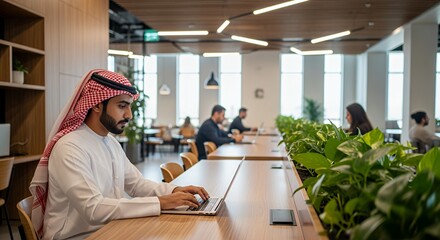 A young man in traditional Middle Eastern attire works on his laptop in a modern, plant-filled co-working space.