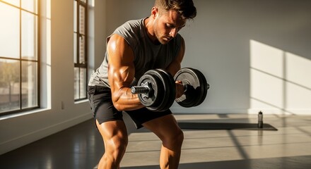 Fototapeta premium Muscular Man Doing Bicep Curls with Dumbbells