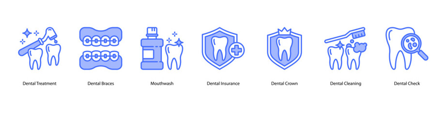 Orthodontic care web banner icon vector illustration for Dental Treatment, Dental Braces, Mouthwash, Dental Insurance, Dental Crown, Dental Cleaning, and Dental Check.