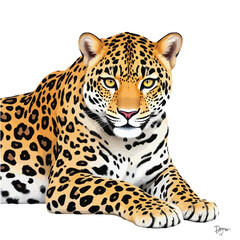 Realistic Leopard Illustration Reclining with Piercing Yellow Eyes and Rosette Coat in Detailed Wildlife Portrait Art
