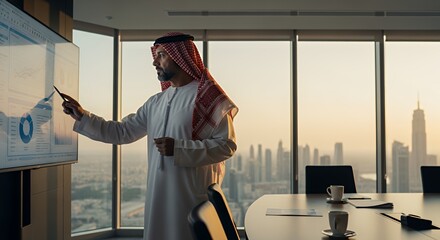 A businessman in traditional Middle Eastern attire analyzes financial data on a large touchscreen display in a modern overlooking a cityscape.