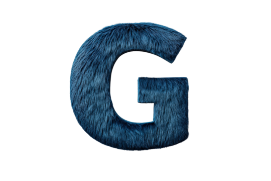 Furry Blue Letter G Made of Textured Fur on Transparent Background