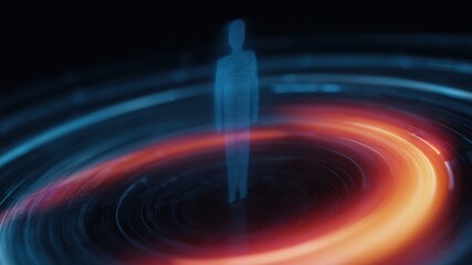 Digital representation of person stands amidst swirling vibrant colors, symbolizing intersection of technology and human presence privacy 5G era