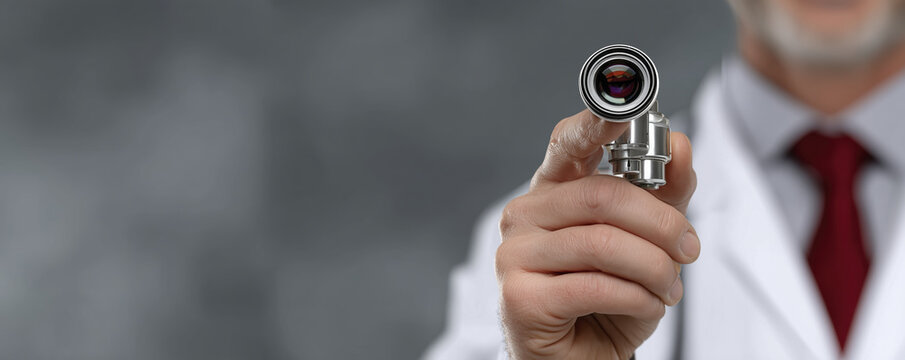Healthcare professional holds medical instrument, showcasing precision and expertise in clinical settings. image conveys sense of focus and dedication to medical research and patient care