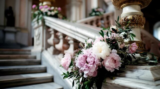 Elegant floral arrangement graces the marble staircase in historic venue during daytime