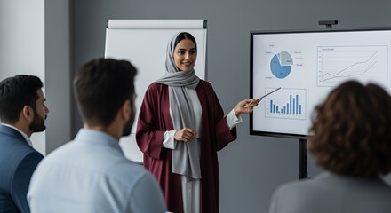 A confident businesswoman in a hijab presents financial data to a diverse group of colleagues during a business meeting.