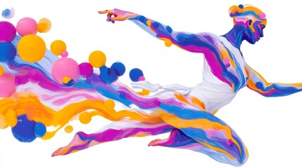 Obraz premium Vibrant Abstract Watercolor Anatomy, dynamic human figure surrounded by energetic swirls and colorful orbs, expressive paint strokes on a clean white background, ideal for clipart usage