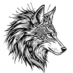 Regal Wolf Profile Vector – Stylized Fur, Intense Gaze, and Decorative Accents in Monochrome Silhouette for Symbolic Wildlife Narratives
