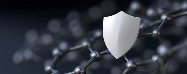 Sleek white shield stands prominently against backdrop of interconnected molecular structures, symbolizing protection and security digital realm. design conveys sense of high fidelity and modern