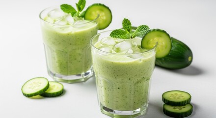 Refreshing Green Cucumber Smoothie with Ice and Fresh Mint Garnish in Glasses