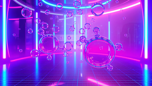 Futuristic chrome soap bubbles in a glowing vaporwave environment, with purple and cyan neon lights, retro sci-fi mood