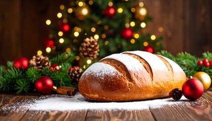 Festive bread on wooden table with Christmas decorations