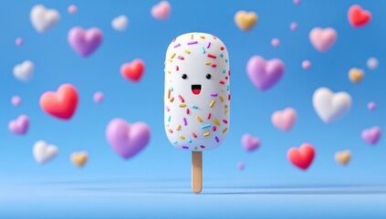 Smiling popsicle with sprinkles floats among colorful hearts against a soft blue background, suggesting love and sweetness
