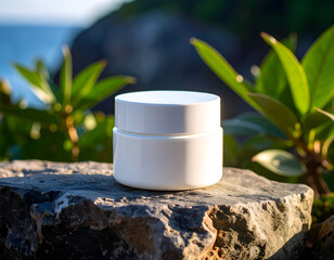 A blank white cosmetic cream jar mockup rests on a natural stone podium with a beautiful tropical background of leaves and sea.