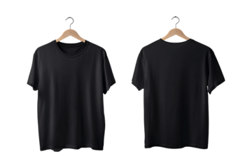 Two views of a plain black short sleeve t shirt hanging on a wooden hanger isolated on transparent background